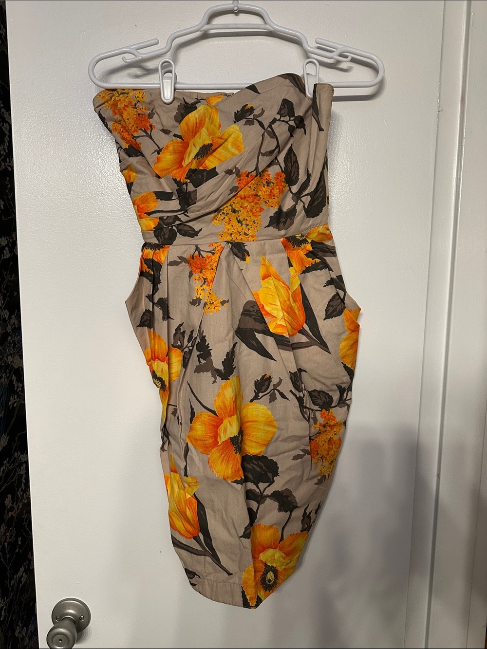 Strapless Floral Sheath Dress in Yellow and Tan